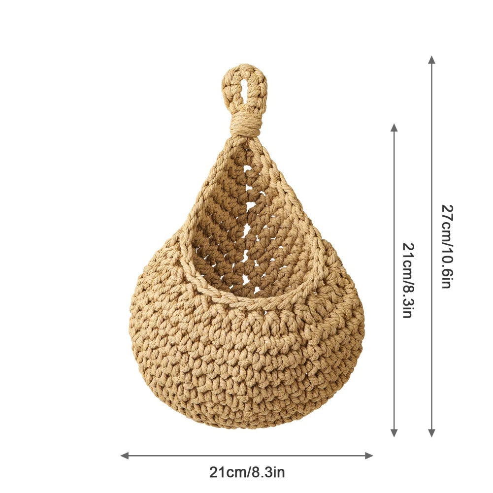 Wall Hanging Fruit Vegetable Basket Natural Jute Woven Teardrop Plant Basket Kitchen Table Wall-Mounted Storage Basket Container