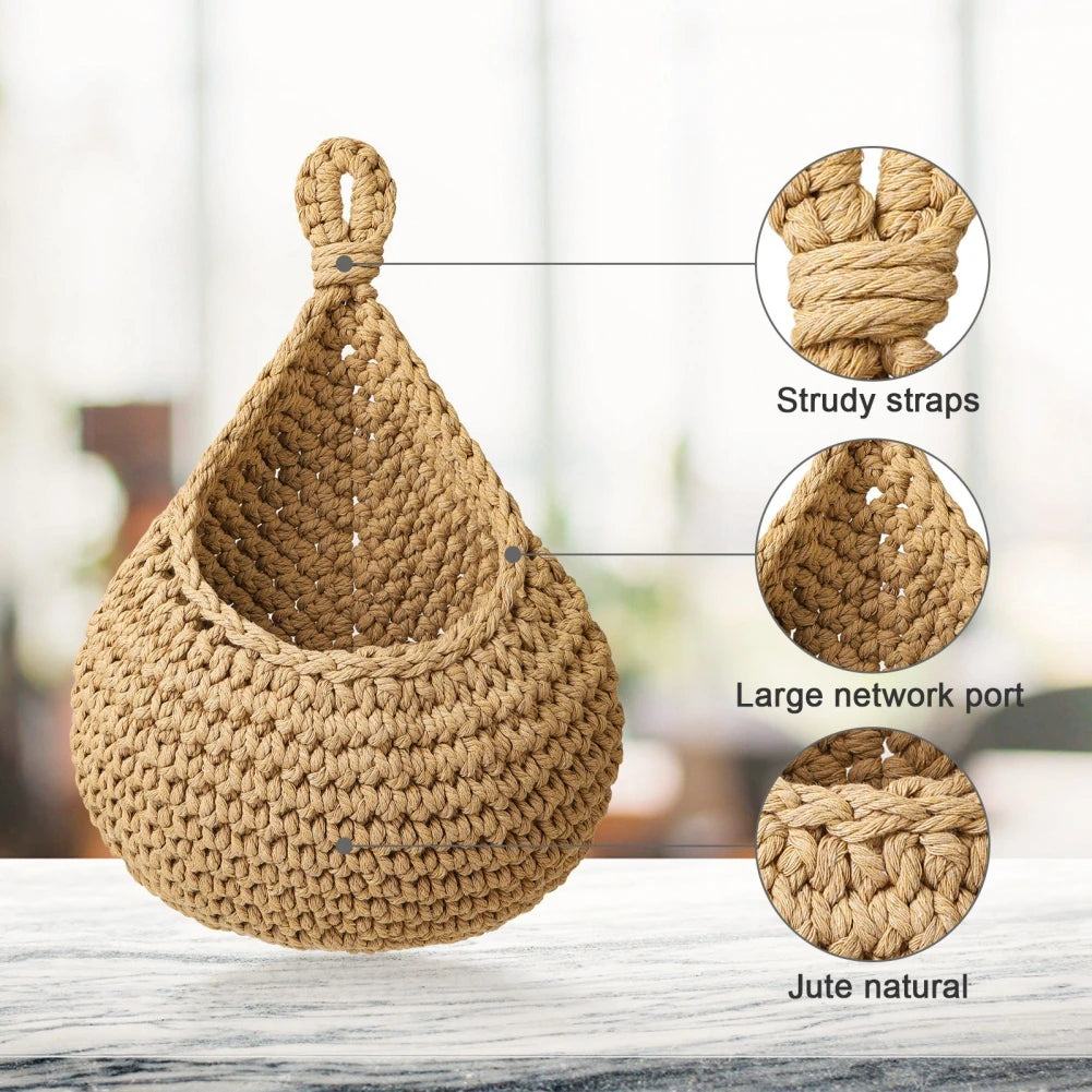 Wall Hanging Fruit Vegetable Basket Natural Jute Woven Teardrop Plant Basket Kitchen Table Wall-Mounted Storage Basket Container