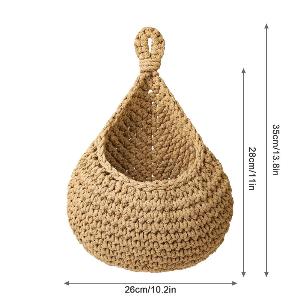 Wall Hanging Fruit Vegetable Basket Natural Jute Woven Teardrop Plant Basket Kitchen Table Wall-Mounted Storage Basket Container