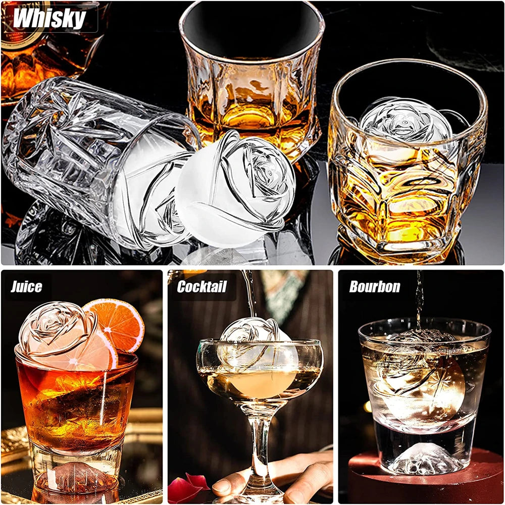 3D Large Ice Cube Trays 2.5 Inch Rose Ice Molds 4 Giant Cute Flower Shape Ice Silicone Mould for Cocktails Juice Whiskey Freezer