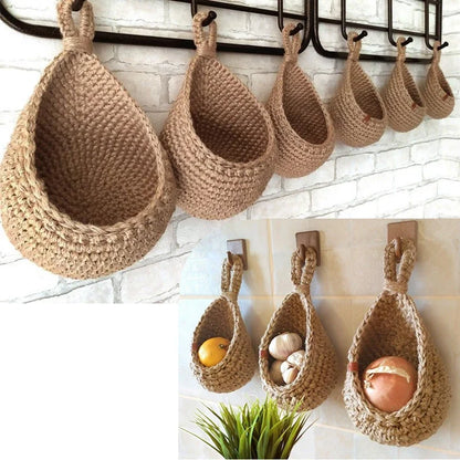 Wall Hanging Fruit Vegetable Basket Natural Jute Woven Teardrop Plant Basket Kitchen Table Wall-Mounted Storage Basket Container