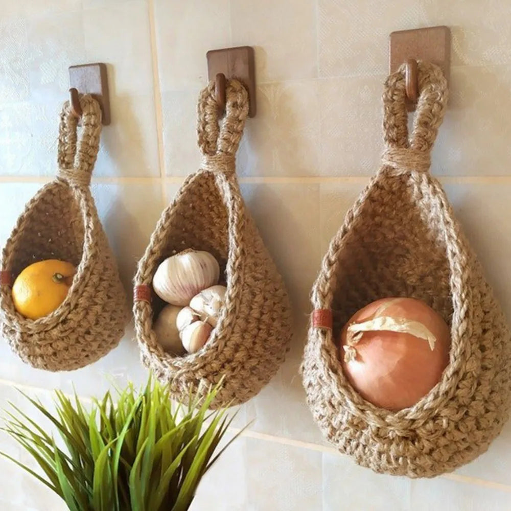 Wall Hanging Fruit Vegetable Basket Natural Jute Woven Teardrop Plant Basket Kitchen Table Wall-Mounted Storage Basket Container