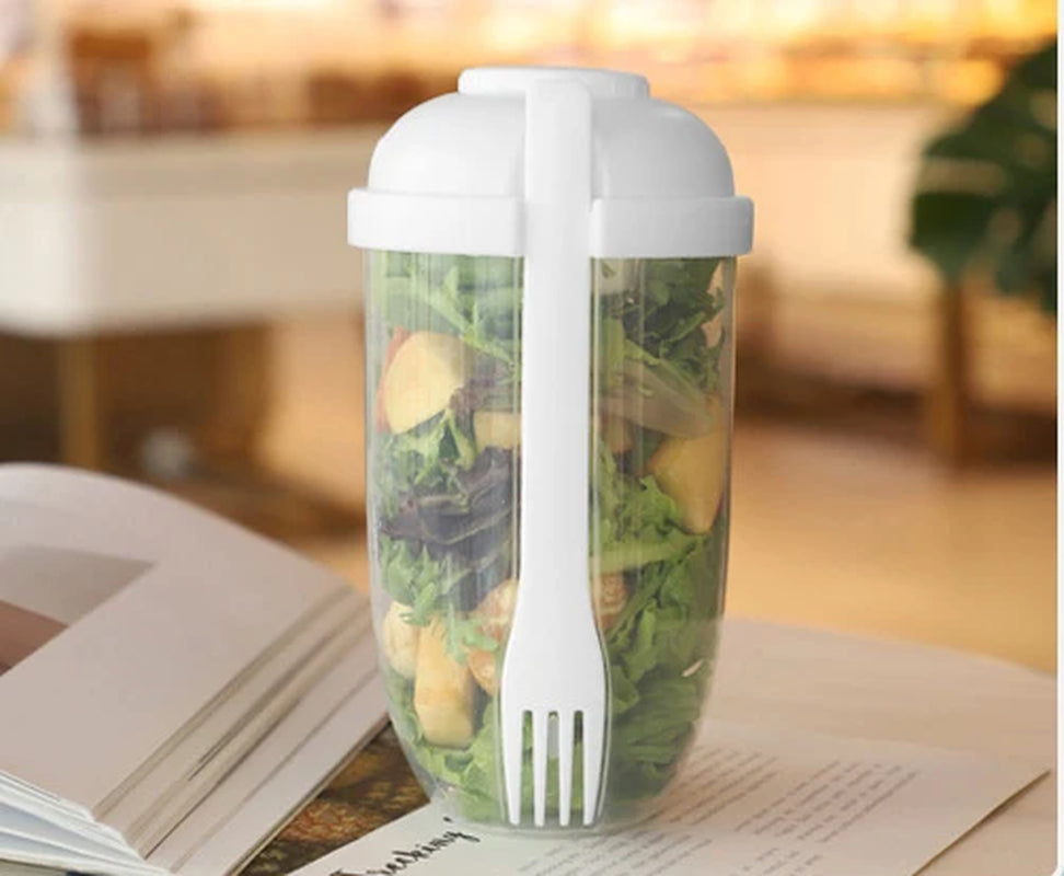 Breakfast Salad Cup Portable Two-Layers Cup Container with Fork Cup Lid Oatmeal Cereal Seal Salad Cup Bowl Lunch Box